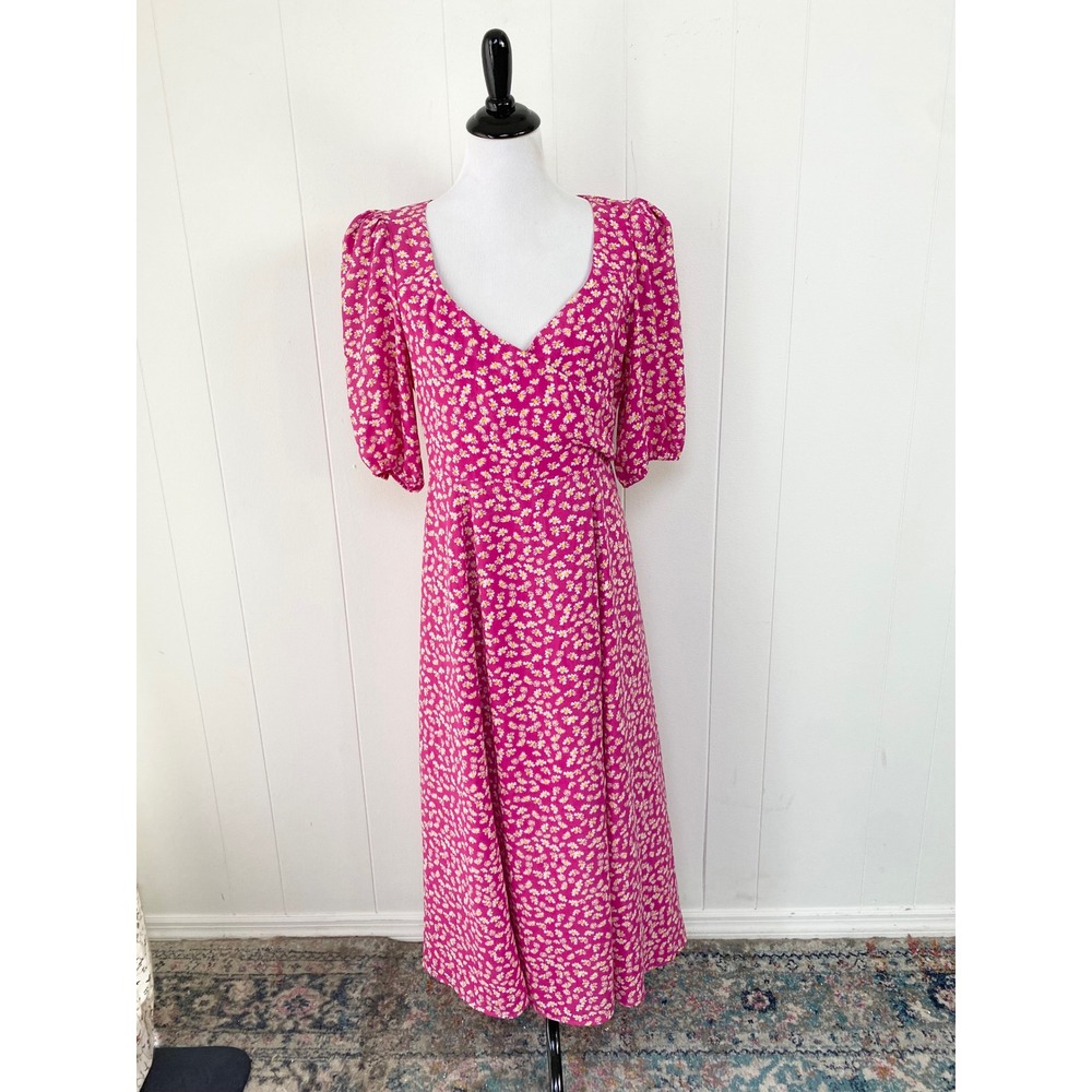 WAYF Pink Daisy Floral Puff‎ Sleeve Midi Dress Surplice V-Neck Front Slit Size M